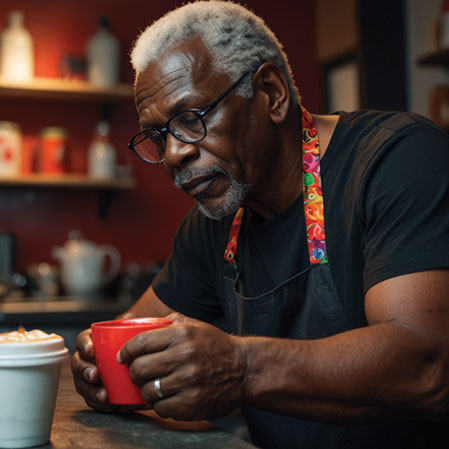 An older black man with grey hair and glasses, wearing a colourful apron, holds a red mug while standing behind a coffee shop counter.