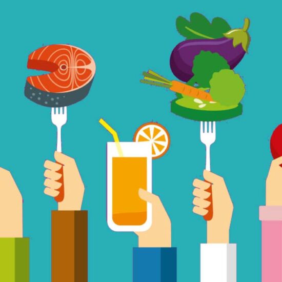An illustration of several hands holding up various food items, including olive oil, salmon steak, vegetables, orange juice, a tomato and a kiwi slice.