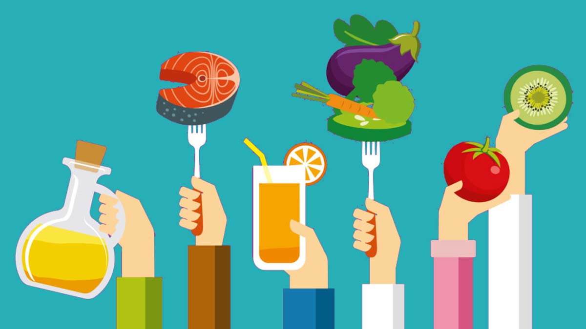 An illustration of several hands holding up various food items, including olive oil, salmon steak, vegetables, orange juice, a tomato and a kiwi slice.