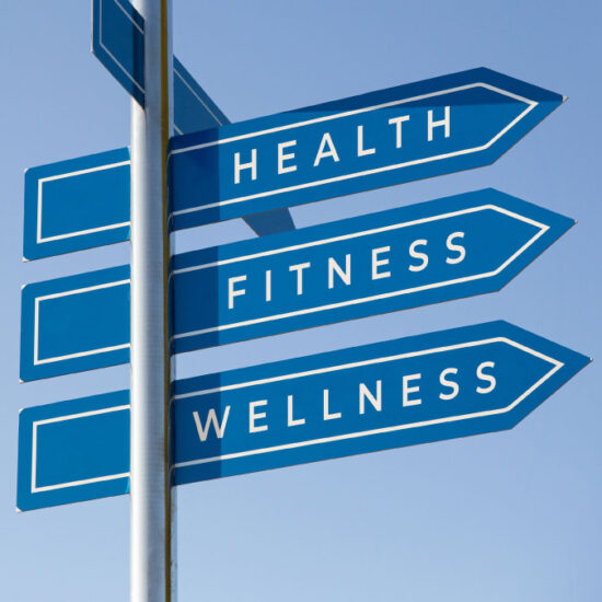 A blue signpost with three arrows pointing right, labelled health, fitness and wellness.