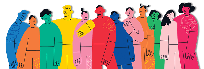 A vibrant illustration of nine diverse, smiling, abstract people standing closely together in a line.