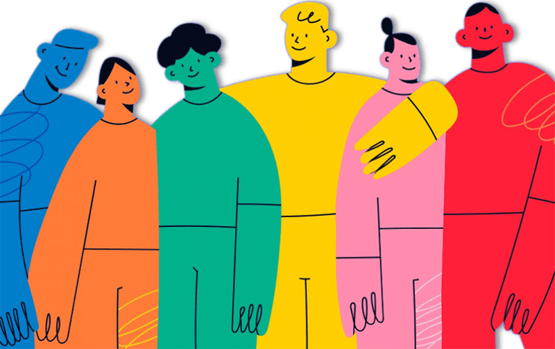 A vibrant abstract illustration of six smiling people standing close together.
