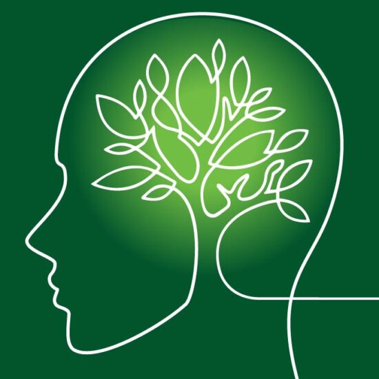 A minimalist white line drawing in profile of a human head containing the outline of a leafy tree against a solid green background.