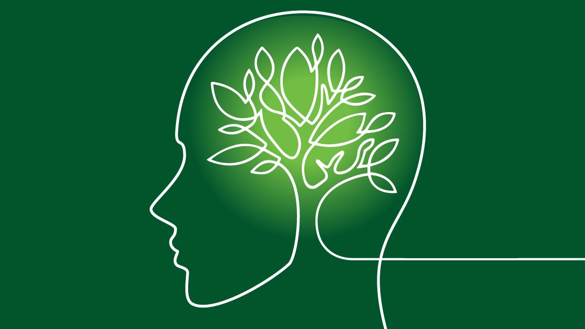 A minimalist white line drawing in profile of a human head containing the outline of a leafy tree against a solid green background.