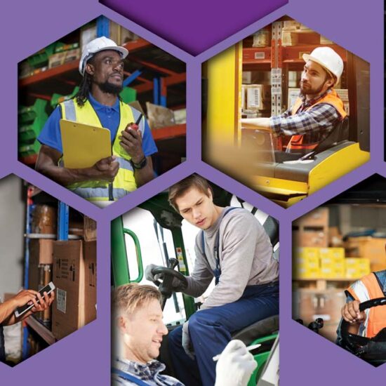 A collage of six images showing diverse warehouse employees performing various tasks, including operating forklifts, checking inventory and using communication devices.