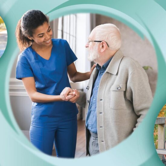 A graphic of interactions between caregivers and individuals requiring support, including helping an older man walk, assisting another elderly gentleman indoors and smiling at a young child with a disability.