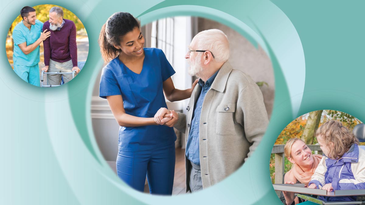 A graphic of interactions between caregivers and individuals requiring support, including helping an older man walk, assisting another elderly gentleman indoors and smiling at a young child with a disability.