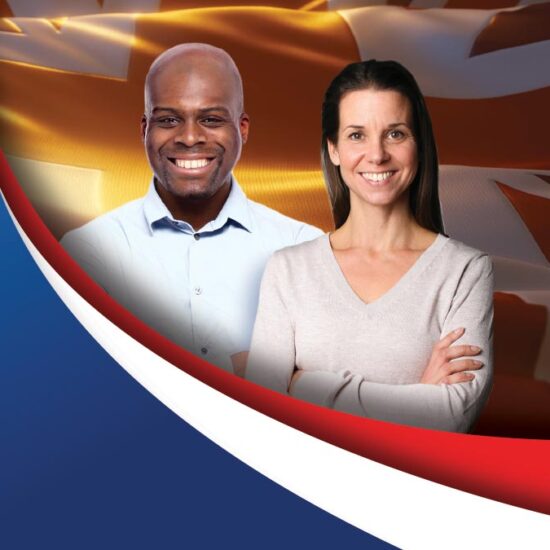 Two smiling adults, a man and a woman, pictured against a large, waving Union Jack flag and red, white and blue graphic elements.