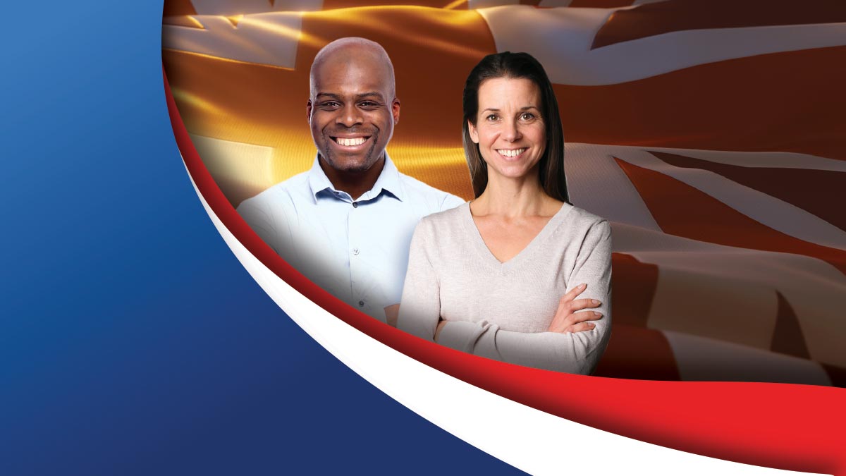 Two smiling adults, a man and a woman, pictured against a large, waving Union Jack flag and red, white and blue graphic elements.