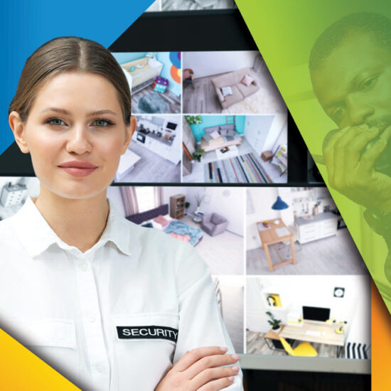 A smiling female security professional stands in front of a bank of surveillance monitors, alongside a male security professional.