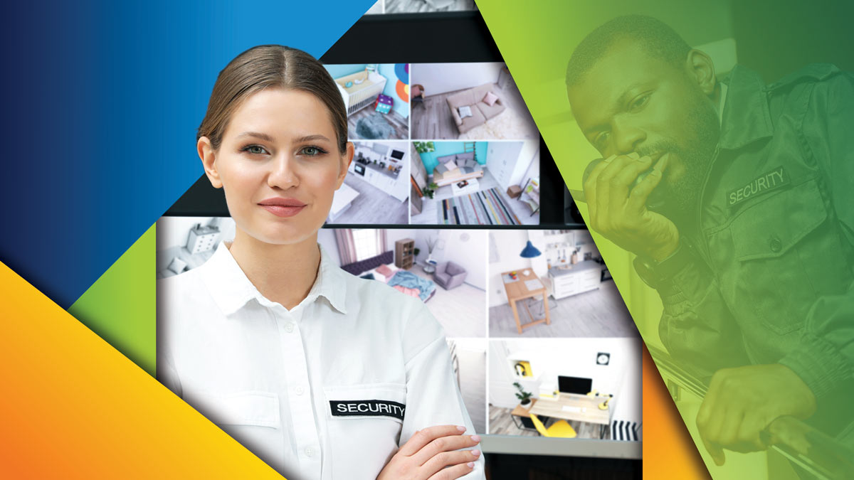 A smiling female security professional stands in front of a bank of surveillance monitors, alongside a male security professional.