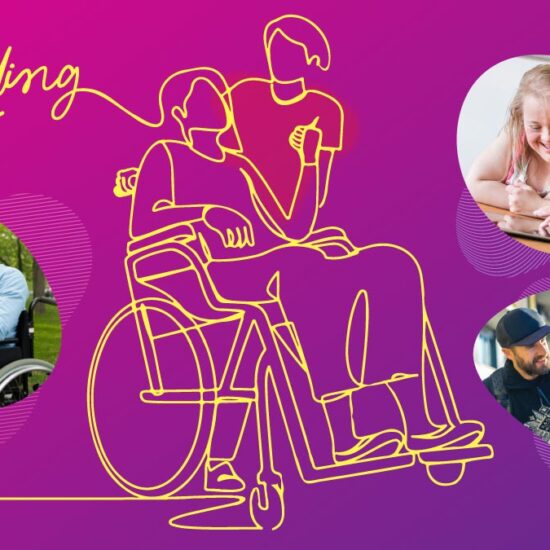 A graphic yellow line drawing of a person assisting someone in a wheelchair, overlaid on photos of smiling people interacting, which feature larger elsewhere on the page. Text reads: "A rewarding career".