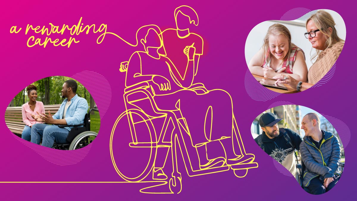 A graphic yellow line drawing of a person assisting someone in a wheelchair, overlaid on photos of smiling people interacting, which feature larger elsewhere on the page. Text reads: "A rewarding career".