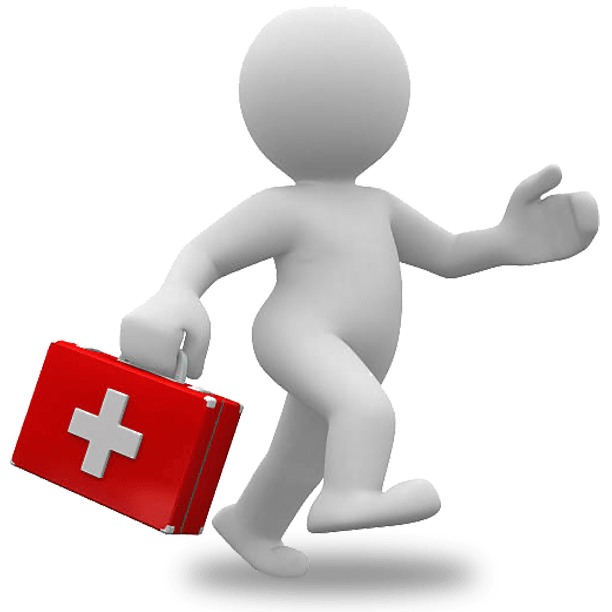 A 3D illustration of a stick figure person walking quickly while carrying a red first aid kit with a white cross on it.