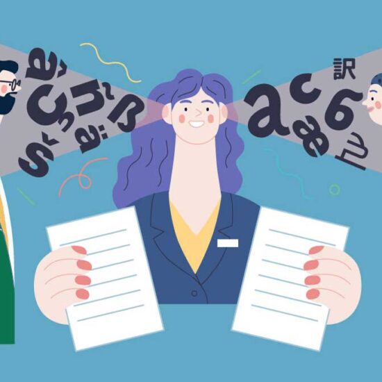 An illustration of an interpreter translating between a man and a woman, symbolised by floating letters in different scripts.