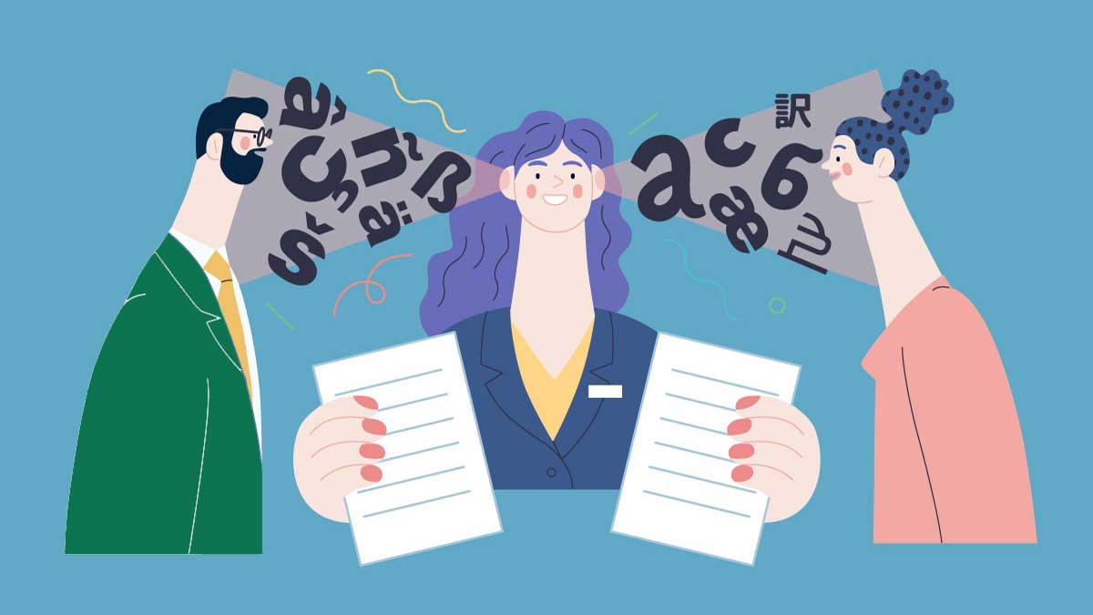 An illustration of an interpreter translating between a man and a woman, symbolised by floating letters in different scripts.