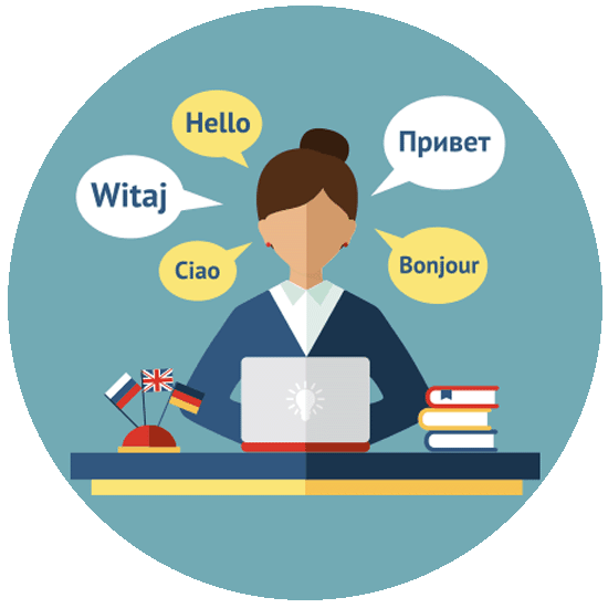An illustration of a female interpreter working at a desk with a laptop, surrounded by speech bubbles with 'Hello' in several languages.