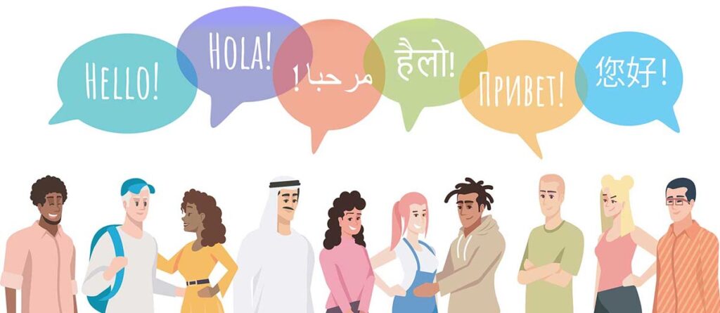 An illustration of a diverse group of people exchanging greetings, with colorful speech bubbles above their heads that say 'Hello!' in different languages.