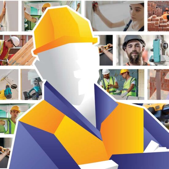 A brickwork collage of various construction workers in different trade roles and settings. With a large central graphic of a worker wearing a yellow hard hat and a high-visibility vest.