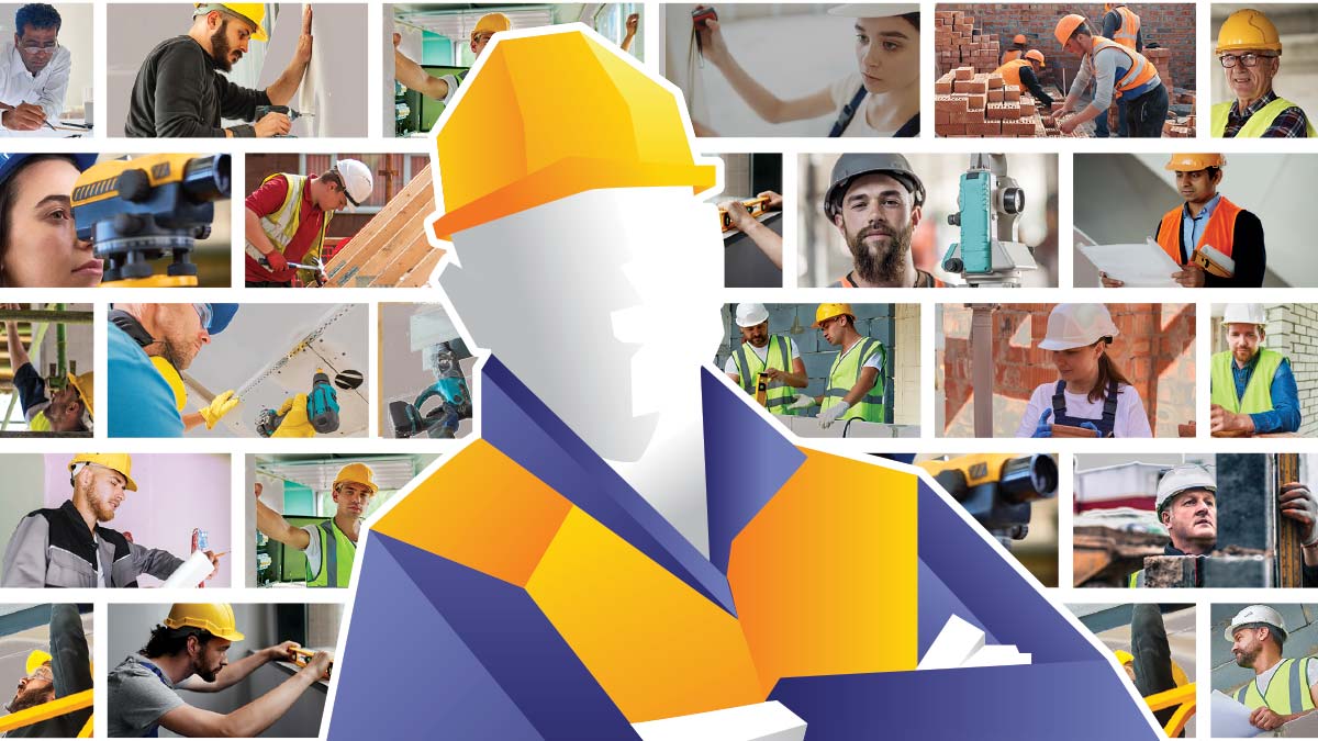 A brickwork collage of various construction workers in different trade roles and settings. With a large central graphic of a worker wearing a yellow hard hat and a high-visibility vest.