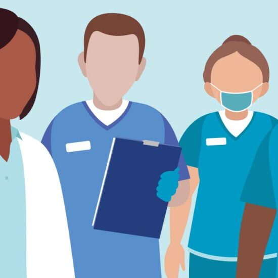 Illustration of a diverse team of four medical professionals: doctors, nurses and auxiliary staff standing together.