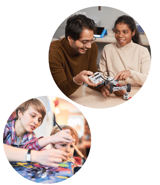 Two circular images side-by-side. One shows a man and a girl working together on a small robotic car. The other shows a woman guiding a young boy with a paintbrush during a painting activity.