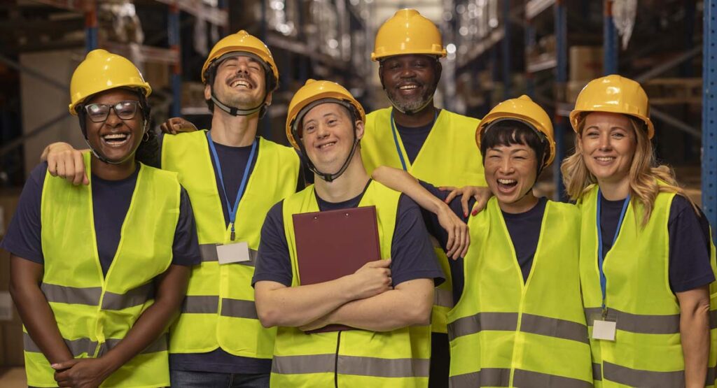 A diverse, smiling team of six warehouse workers, all wearing yellow hard hats and high-visibility vests, pose together in a warehouse aisle.