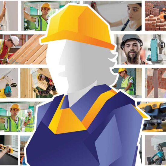, stylised graphic of a female construction worker overlaid on a brick patterned collage of smaller photos of various male and female workers in different construction and trade roles.