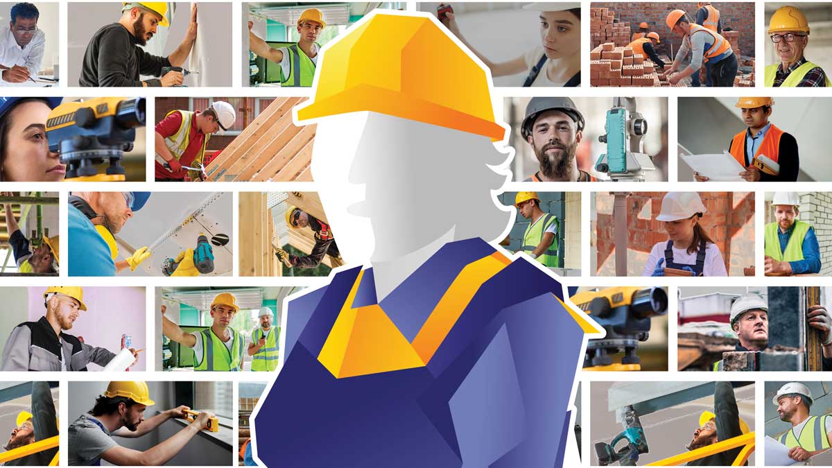 , stylised graphic of a female construction worker overlaid on a brick patterned collage of smaller photos of various male and female workers in different construction and trade roles.