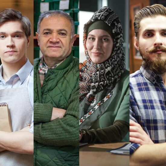 A collage of people of various ages and ethnicities performing a range of customer facing jobs, including delivery man and receptionist.