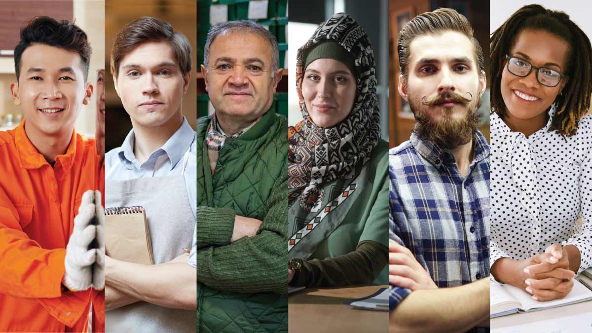 A collage of people of various ages and ethnicities performing a range of customer facing jobs, including delivery man and receptionist.