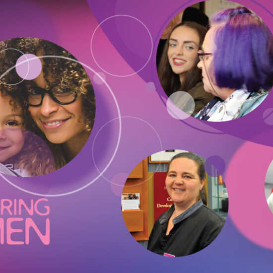 Promotional graphic with text 'Empowering Women' featuring four photos of diverse women smiling and laughing.