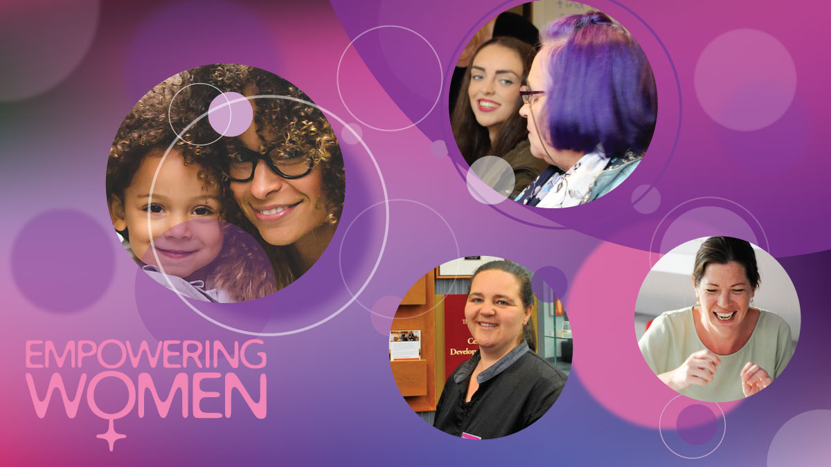 Promotional graphic with text 'Empowering Women' featuring four photos of diverse women smiling and laughing.