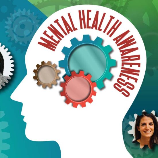 A white silhouette of a human head in profile with three intertwined cogs. Text reads: "Mental Health Awareness". In the background larger overlapping gears contain portraits of men and women of different ages and ethnicities.