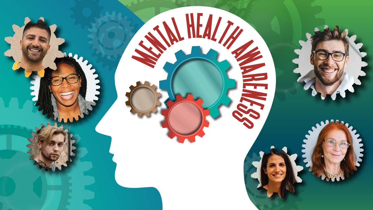 A white silhouette of a human head in profile with three intertwined cogs. Text reads: "Mental Health Awareness". In the background larger overlapping gears contain portraits of men and women of different ages and ethnicities.