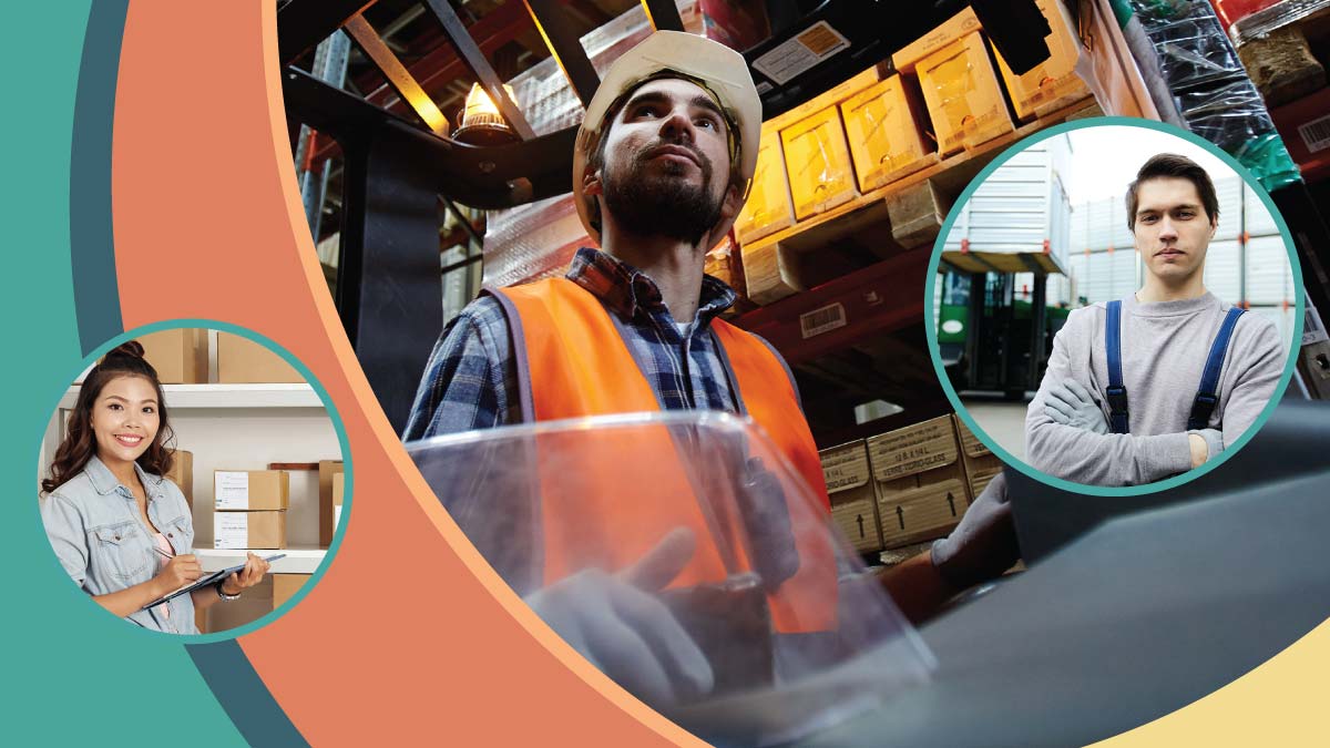 A graphic of three diverse workers in industrial settings: a man operating machinery, a woman holding a clipboard and another man in overalls.