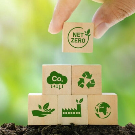 A hand places a wooden block with a "Net Zero" logo and leaf icon on top of a small pyramid of other wooden blocks with icons representing CO2, emissions, a recycling symbol, a green leaf, a factory and the world.