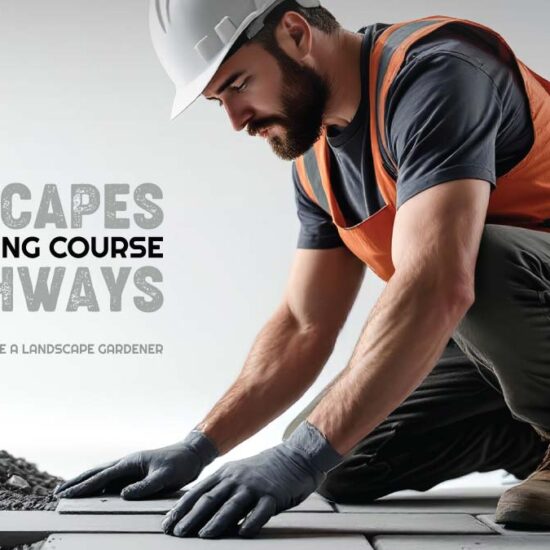 A man wearing a hard hat, high-visibility vest, gloves and boots kneeling down and laying grey paving slabs on a gravel base. Overlaid text reads: "Landscapes & Pathways, Free Course".