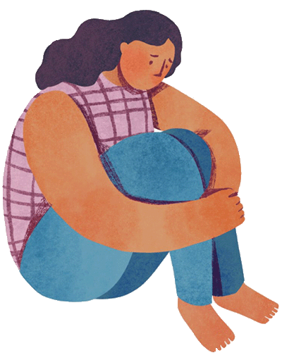 An illustration of a woman sitting alone, hunched over with their knees drawn up to her chest, looking sad.