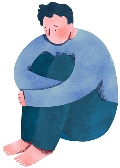 An illustration of a man sitting alone, hunched over with their knees drawn up to their chest, looking sad.
