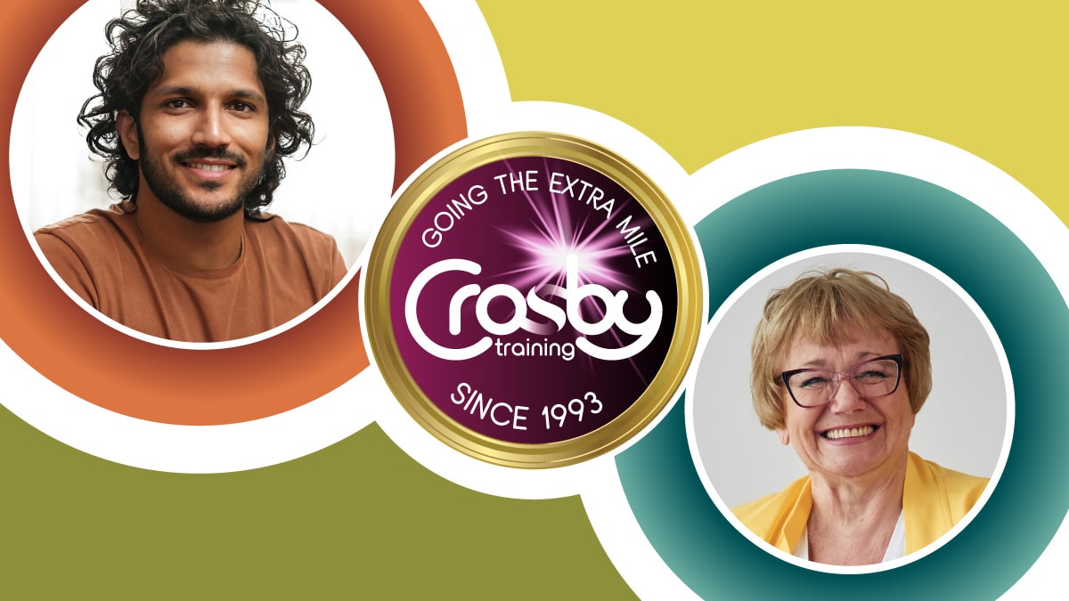 Two learners, a young black man and an older white woman, smiling either side of the Crosby Training logo: Going the extra mile since 1993.