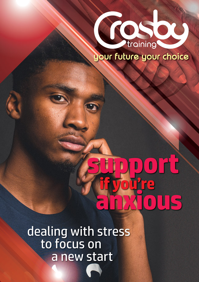 A young learner looking directly at us, a little pensively. Text overlaid on the image reads: "Support if you're anxious: dealing with stress to focus on a new start."