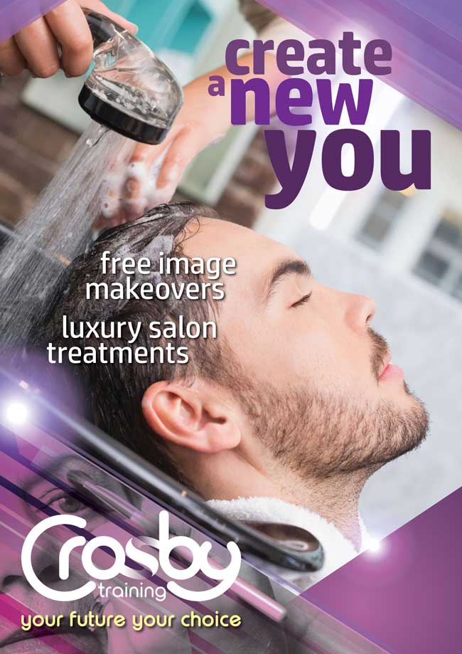 A young man with a neatly trimmed beard having his hair washed over a sink in a Salon. Text overlaid on the image reads: "Create a new you: free image makeovers, luxury salon treatments."