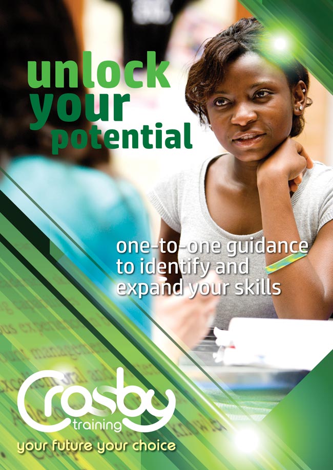 A learner talking to a tutor, she looks very relaxed, resting her head slightly on her hand. Text overlaid on the image reads: "Unlock your potential: one-to-one guidance to identify and expand your skills."