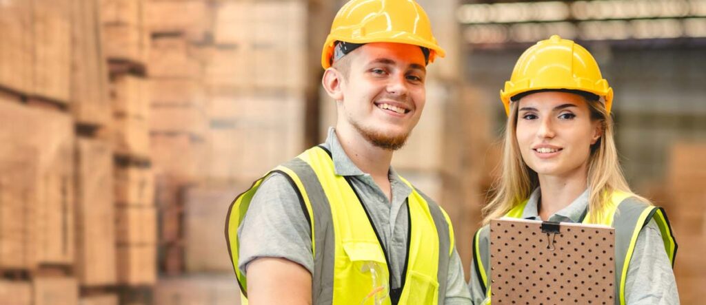 Two smiling warehouse workers in yellow hard hats and high-visibility vests stand next to stacked wooden pallets; the woman holds a clipboard.