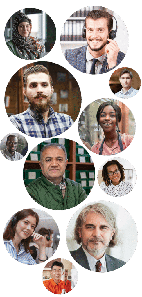 A collage of circular portraits of a diverse group of smiling people from various professional backgrounds, including call centre agents, a chef, a barber and office workers.