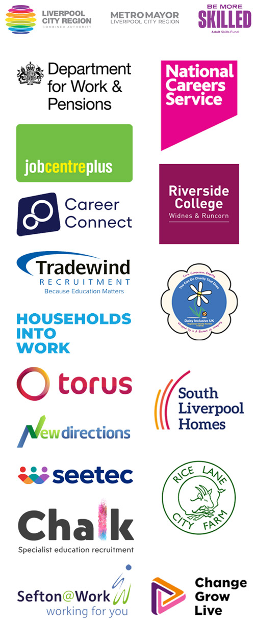 A selection of logos, including Liverpool City Region, JobCentre Plus, National Careers Service, Career Connect, Riverside College, Torus, Chalk and Sefton @ Work.
