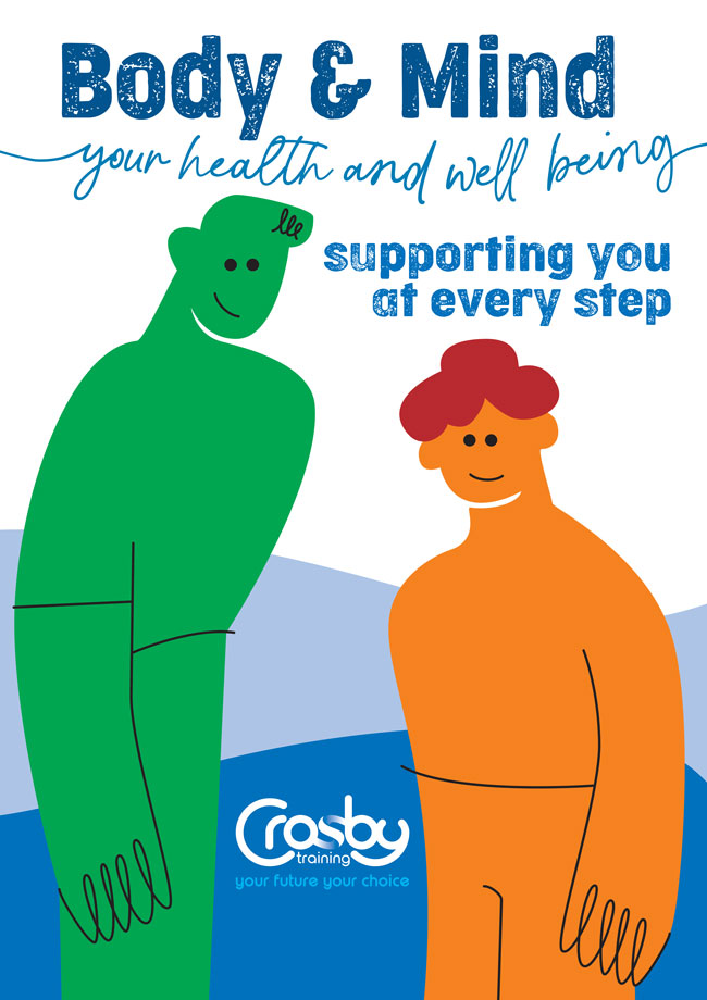 Two minimalist cartoon figures, a tall green man and a short orange woman underneath the text: Body & Mind, your health and wellbeing: supporting you at every step.