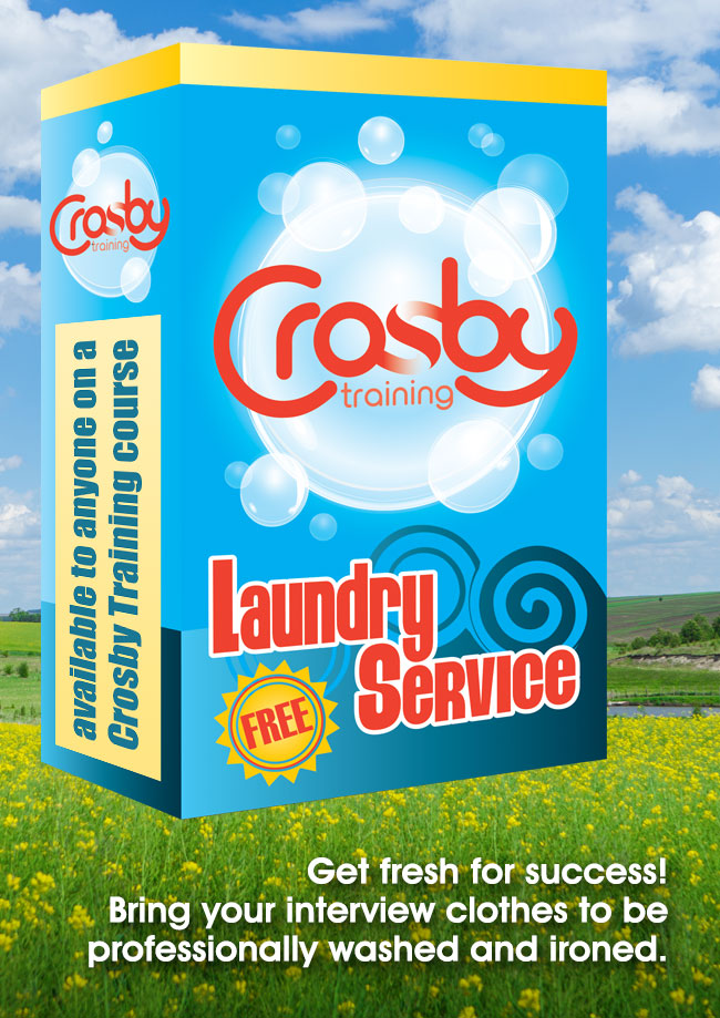 A box of soap powder in a bright summer meadow. It is titled: Crosby Training, Free Laundry Service. A bar up the side of the box reads: Available to anyone on a Crosby Training course. Text overlaid on the image reads: "Get fresh for success! Bring your interview clothes to be professionally washed and ironed."