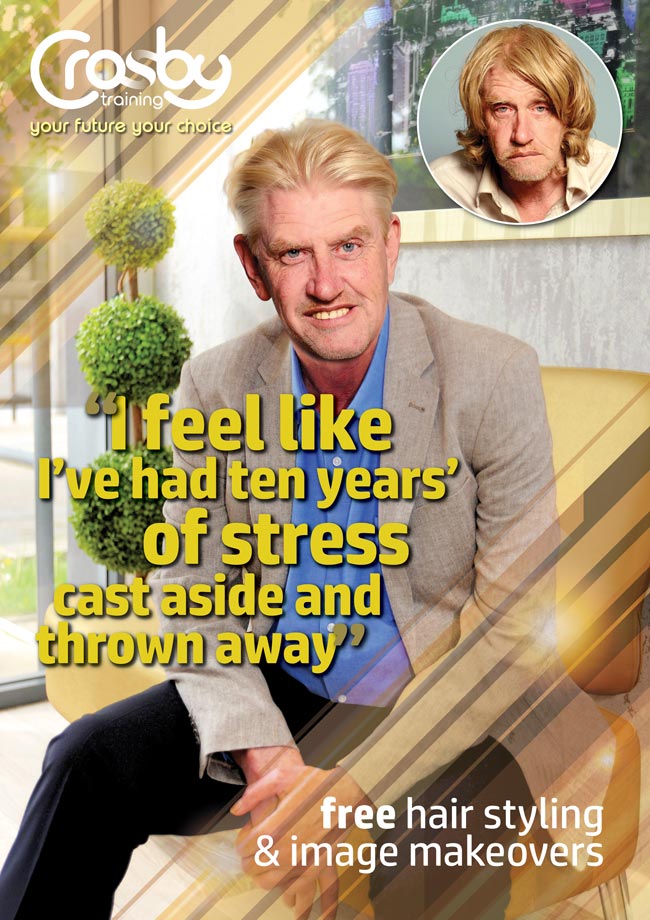 A dapper middle aged man, well groomed, wearing a blue shirt and casual jacket. Inset is an image of him looking more disheveled, with long unruly hair. "I feel like I've had ten years of stress cast aside and thrown away: free hair styling & image makeovers."